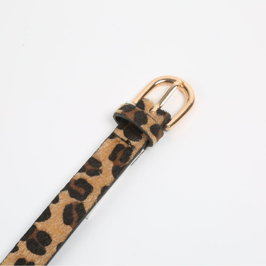 Leopard Calf Hair Look Slim Belt - Brown - 1