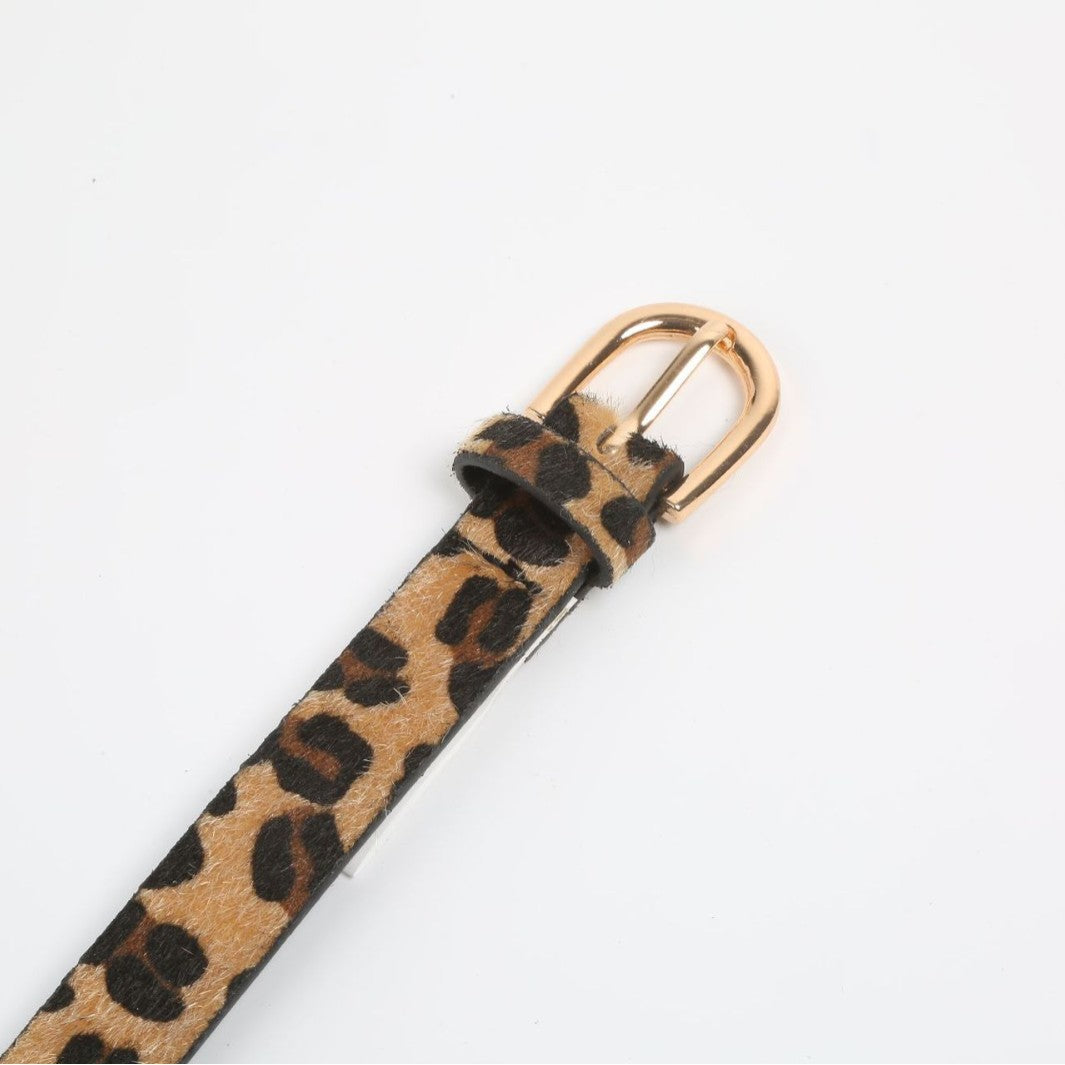 Leopard Calf Hair Look Slim Belt - Brown - 1