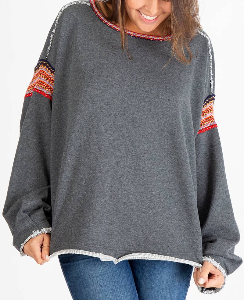 Woven Trim Raw Hem Oversized Sweatshirt - Gray