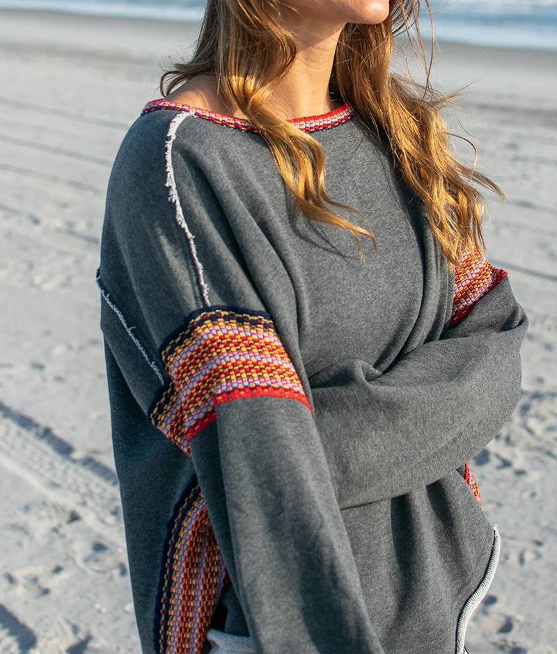 Woven Trim Raw Hem Oversized Sweatshirt - Gray - 1