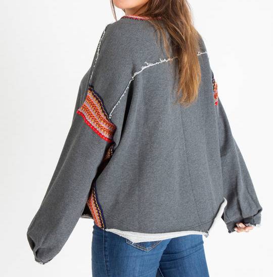 Woven Trim Raw Hem Oversized Sweatshirt - Gray - 2