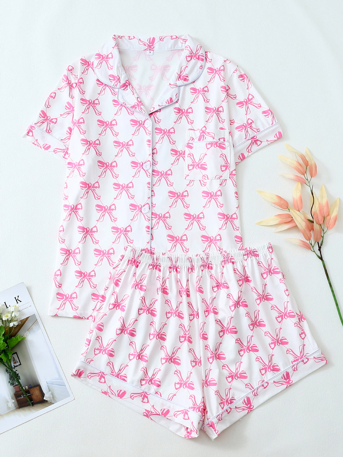 Bow Print Short Sleeve Pajama Set - Decor