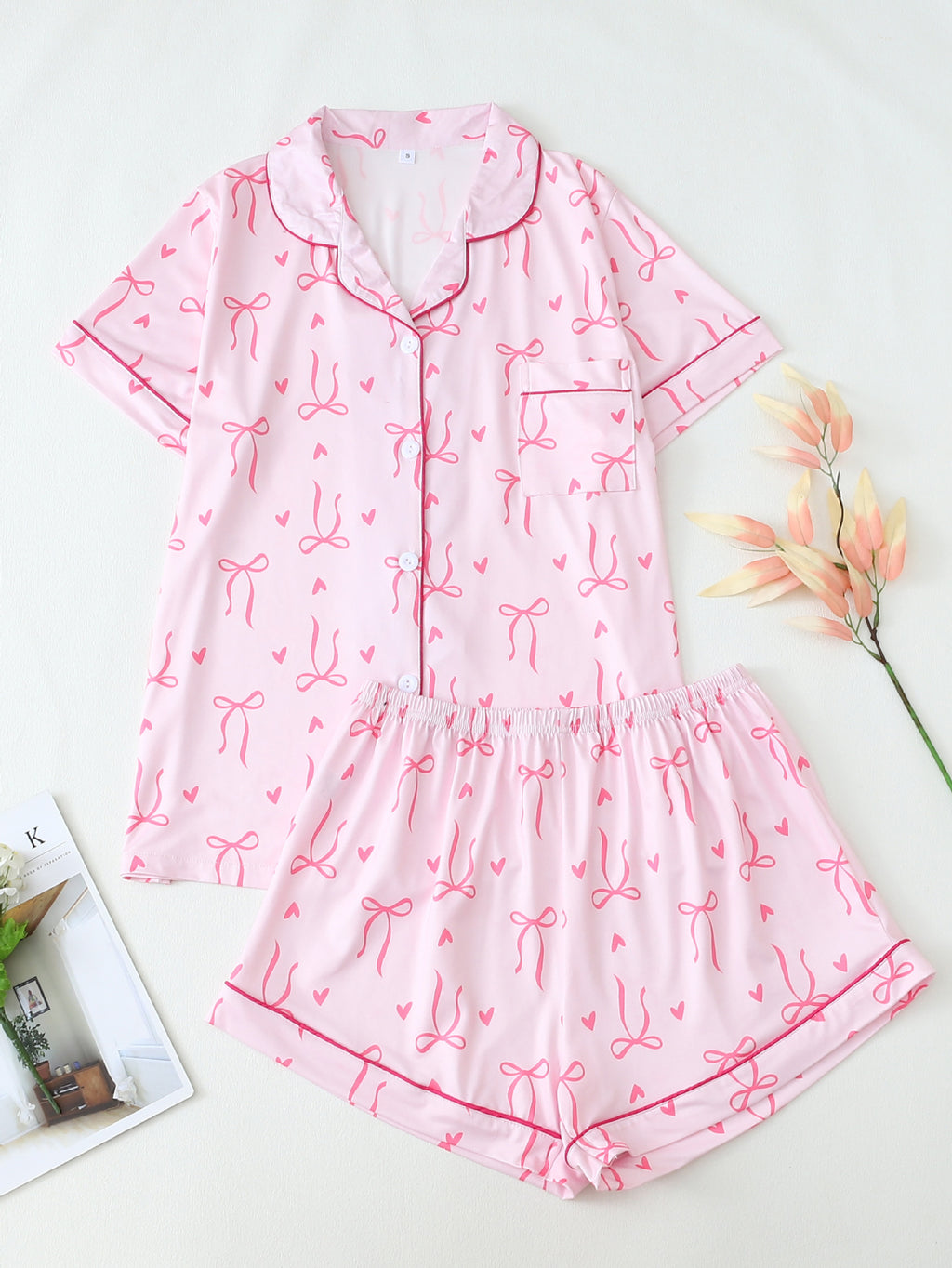 Bow Print Short Sleeve Pajama Set - Pink
