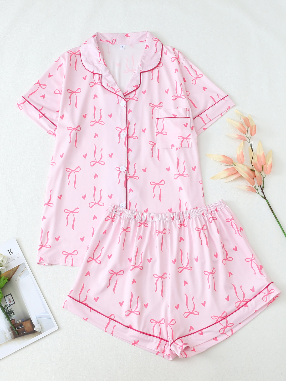 Bow Print Short Sleeve Pajama Set - Pink