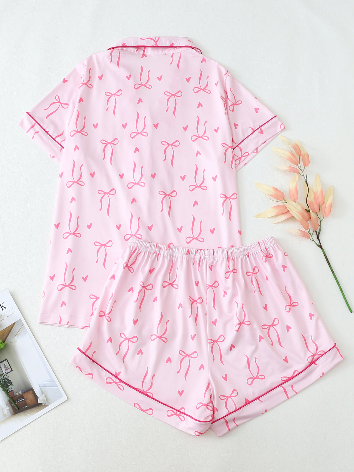 Bow Print Short Sleeve Pajama Set - Pink - 1