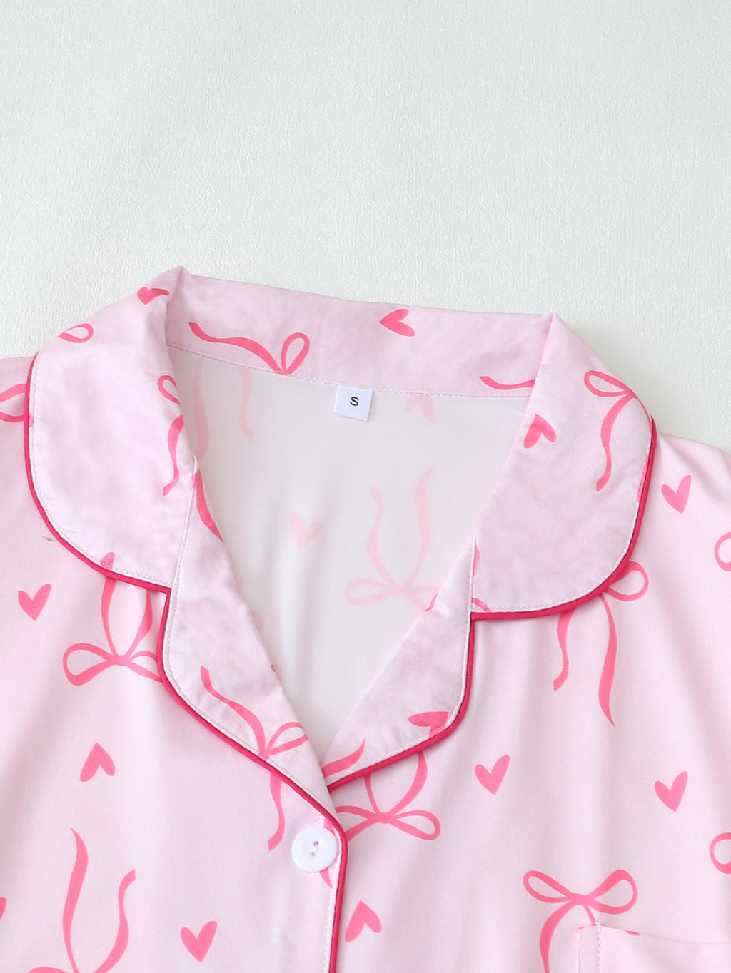 Bow Print Short Sleeve Pajama Set - Pink - 2