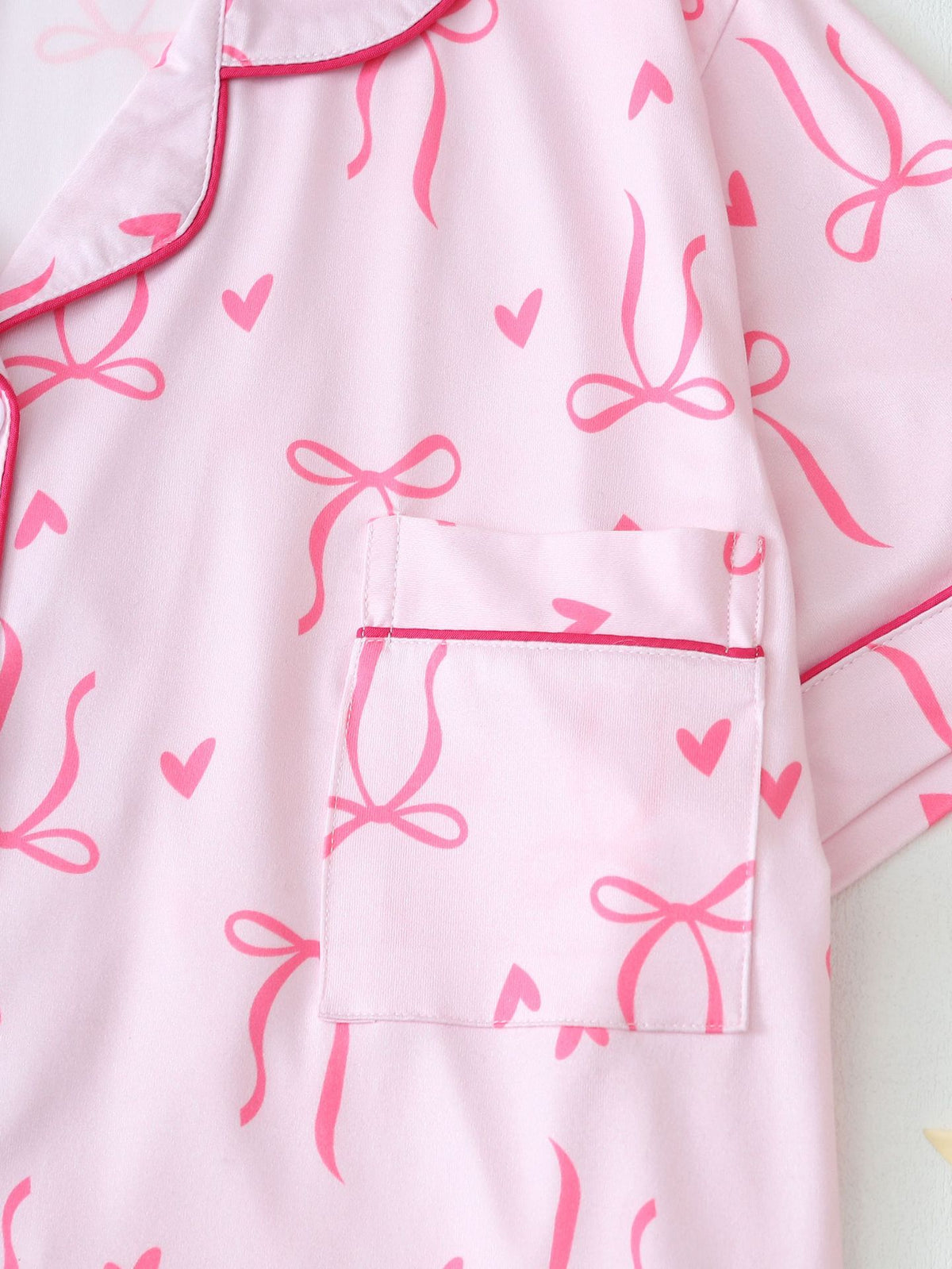Bow Print Short Sleeve Pajama Set - Pink - 3