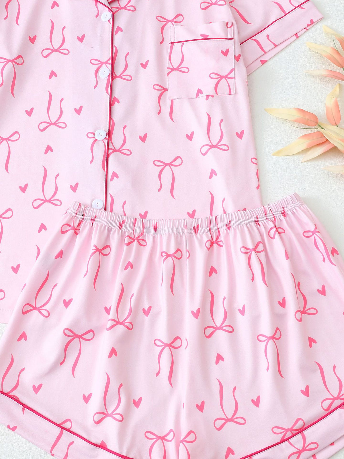 Bow Print Short Sleeve Pajama Set - Pink - 5