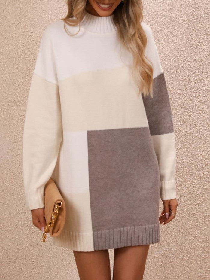 Patchwork Mock Neck Knit Sweater Dress - Apricot - 2