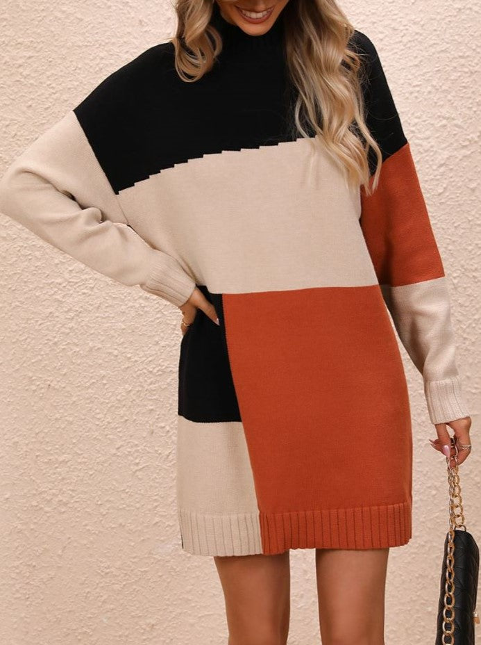 Patchwork Mock Neck Knit Sweater Dress - Black