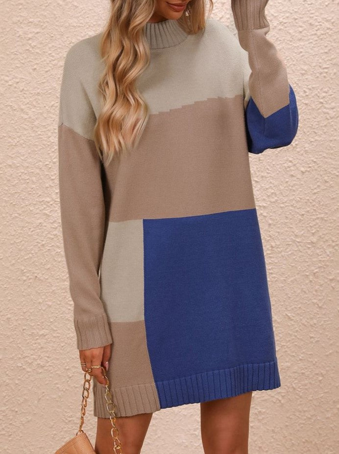 Patchwork Mock Neck Knit Sweater Dress - Khaki - 2