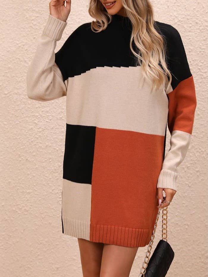 Patchwork Mock Neck Knit Sweater Dress