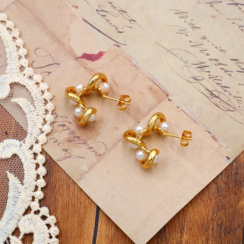 Pearl Twist Gold Dangle Earrings - Gold