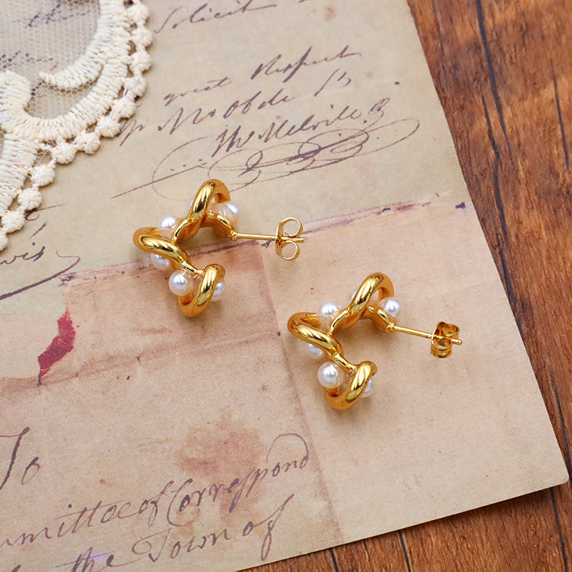 Pearl Twist Gold Dangle Earrings - Gold - 1