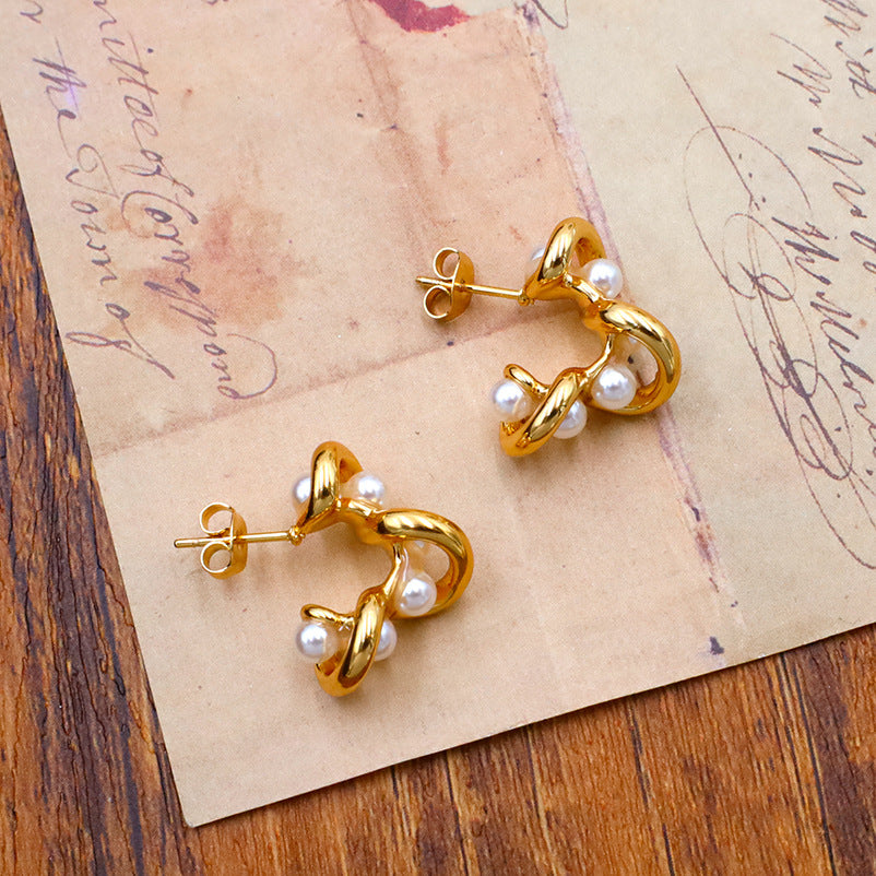 Pearl Twist Gold Dangle Earrings - Gold - 2
