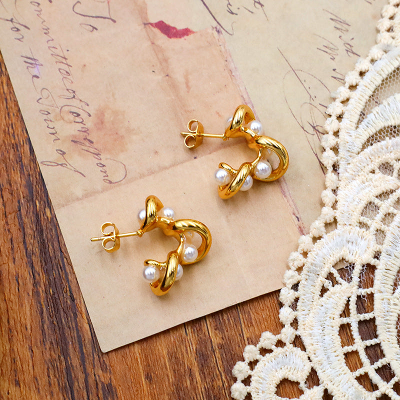 Pearl Twist Gold Dangle Earrings - Gold - 3