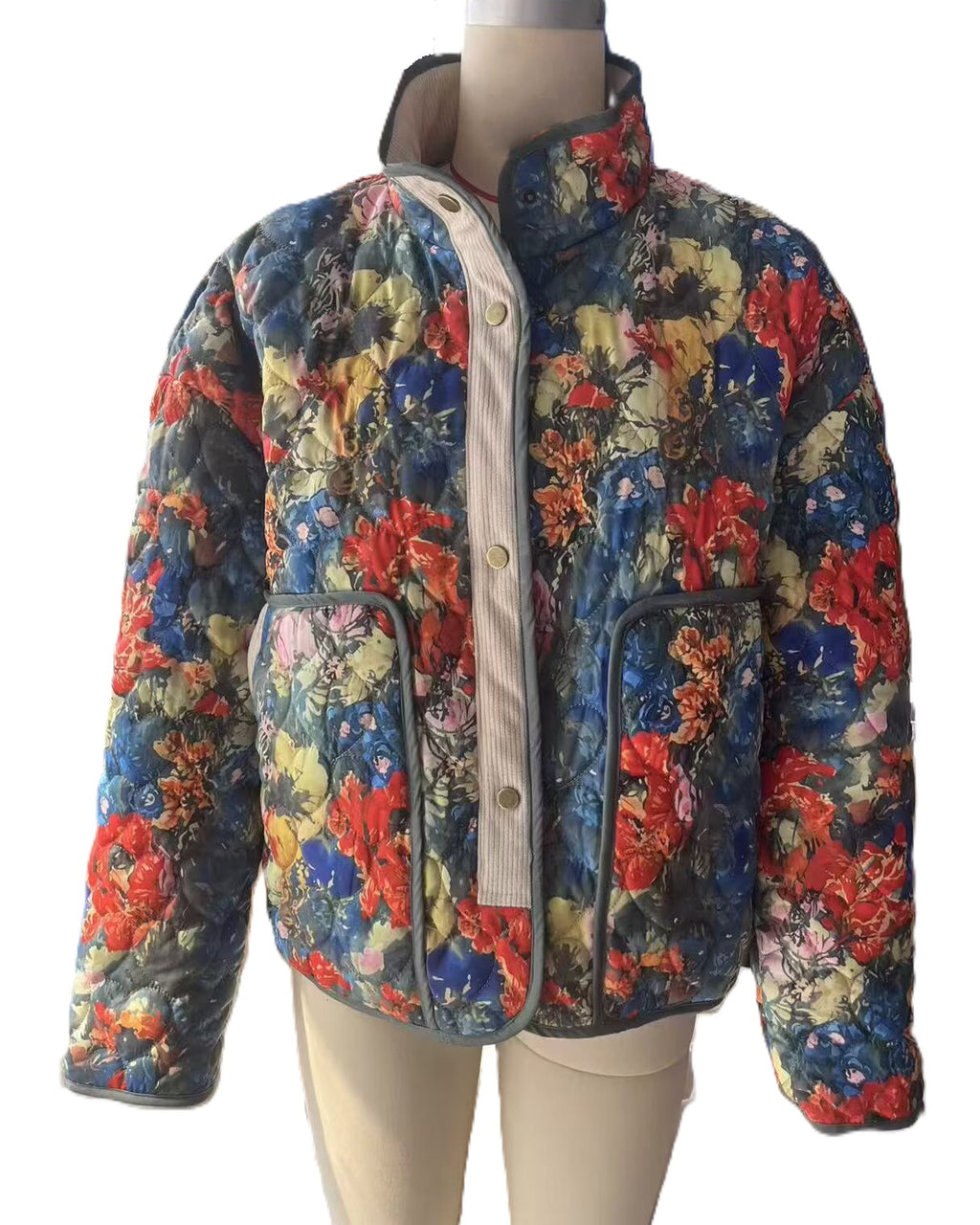 Painterly Floral Quilted Stand Collar Jacket - Color - 1