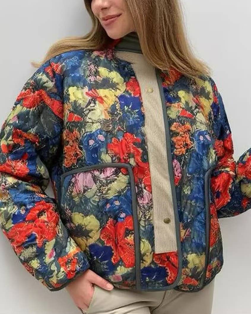 Painterly Floral Quilted Stand Collar Jacket