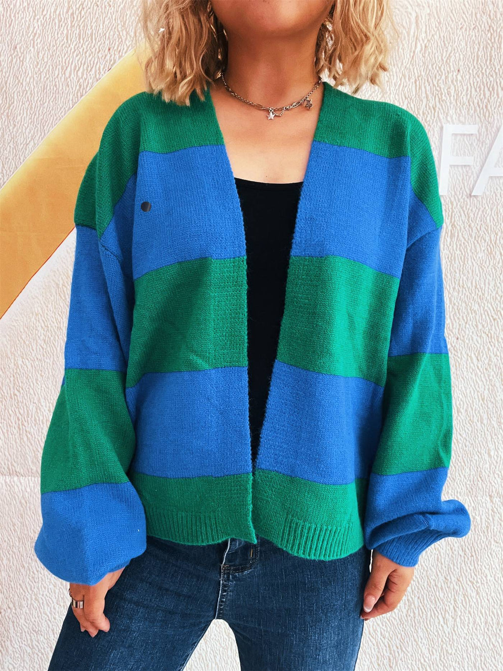 Bold Stripe Colorblock Open Front Cardigan - Blue - 2