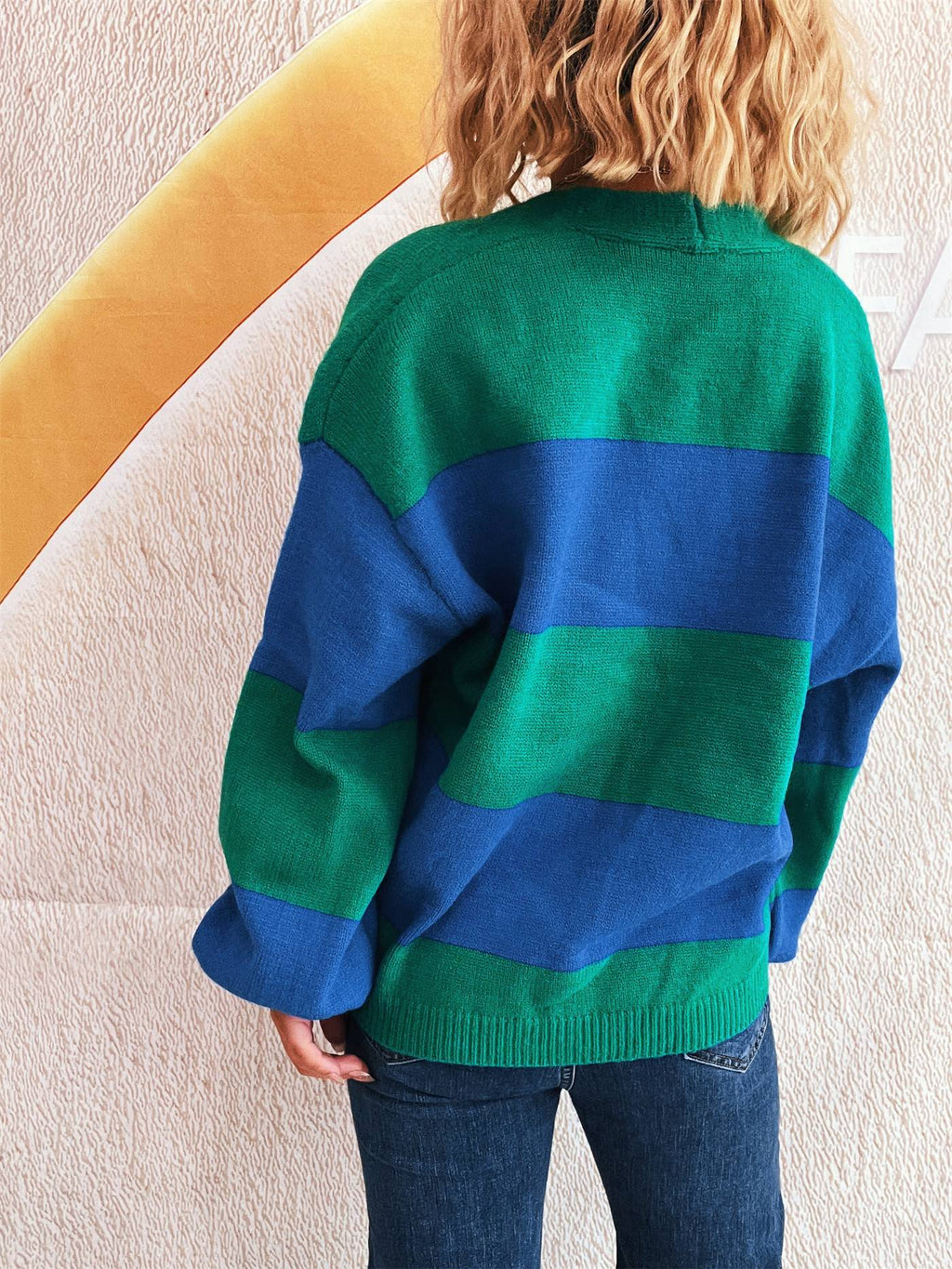 Bold Stripe Colorblock Open Front Cardigan - Blue - 3