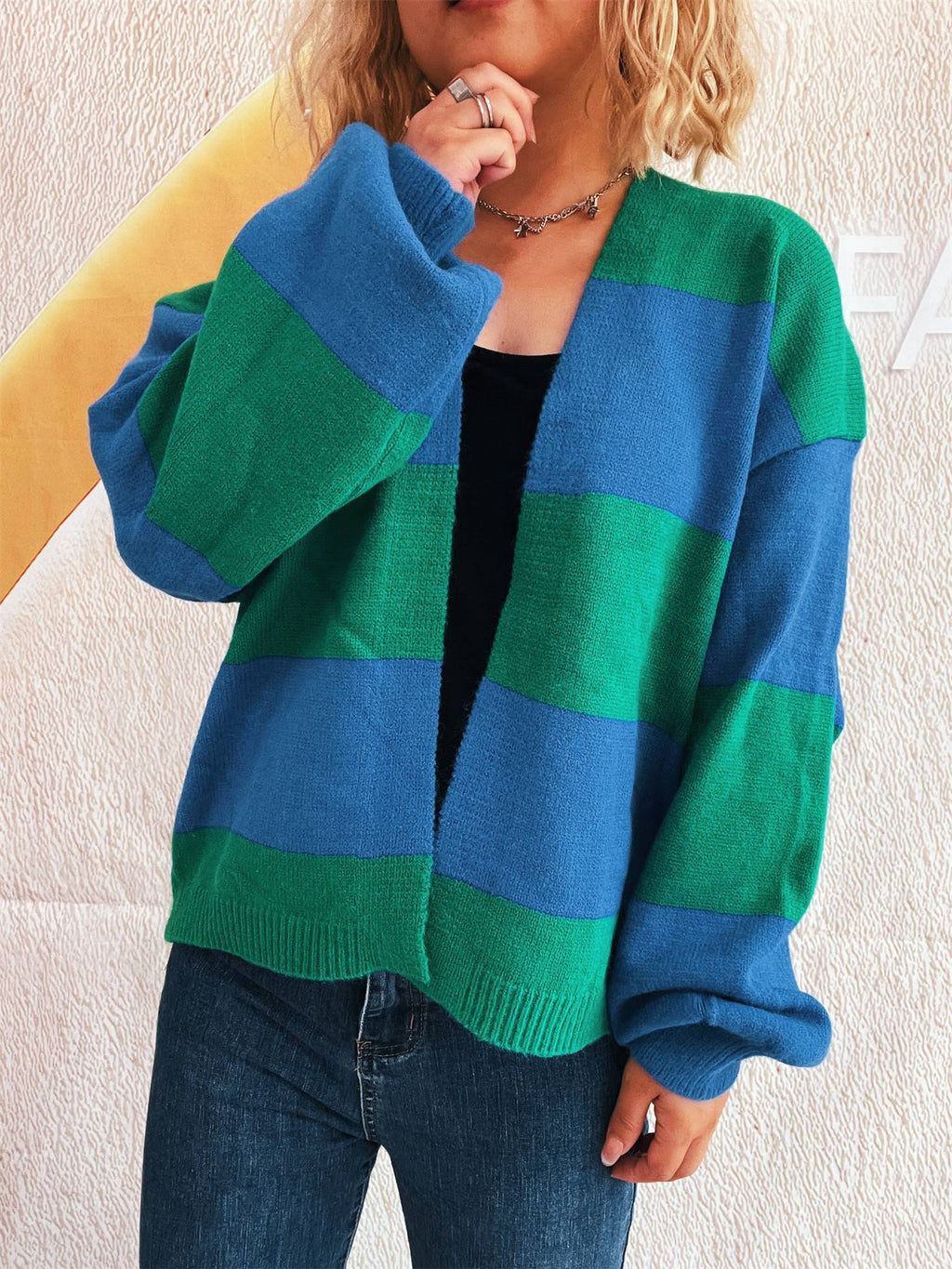 Bold Stripe Colorblock Open Front Cardigan - Blue - 4
