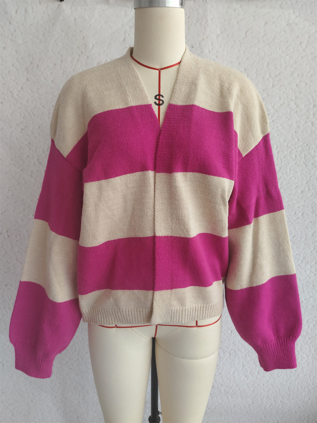 Bold Stripe Colorblock Open Front Cardigan - Fuchsia
