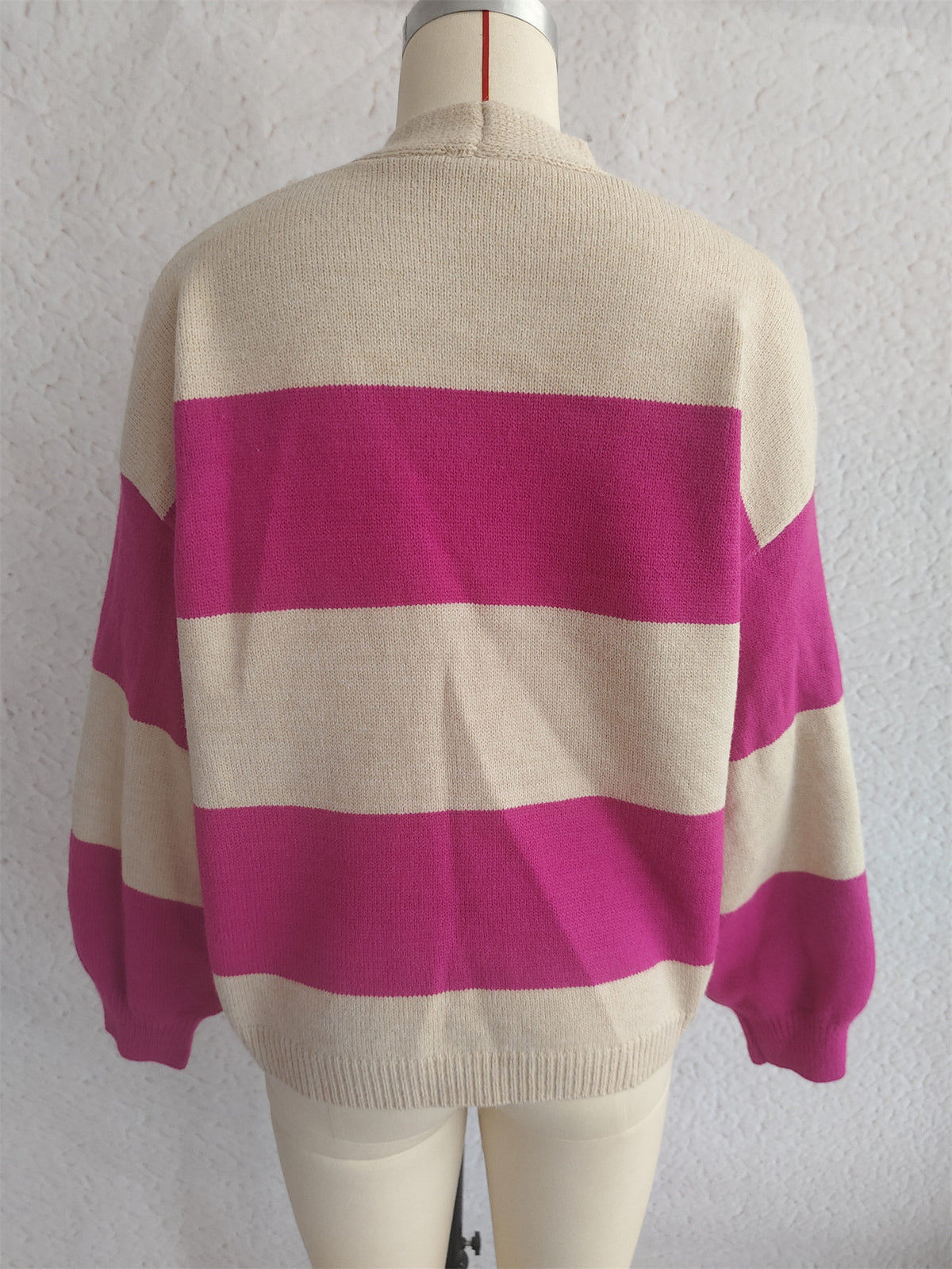 Bold Stripe Colorblock Open Front Cardigan - Fuchsia - 1