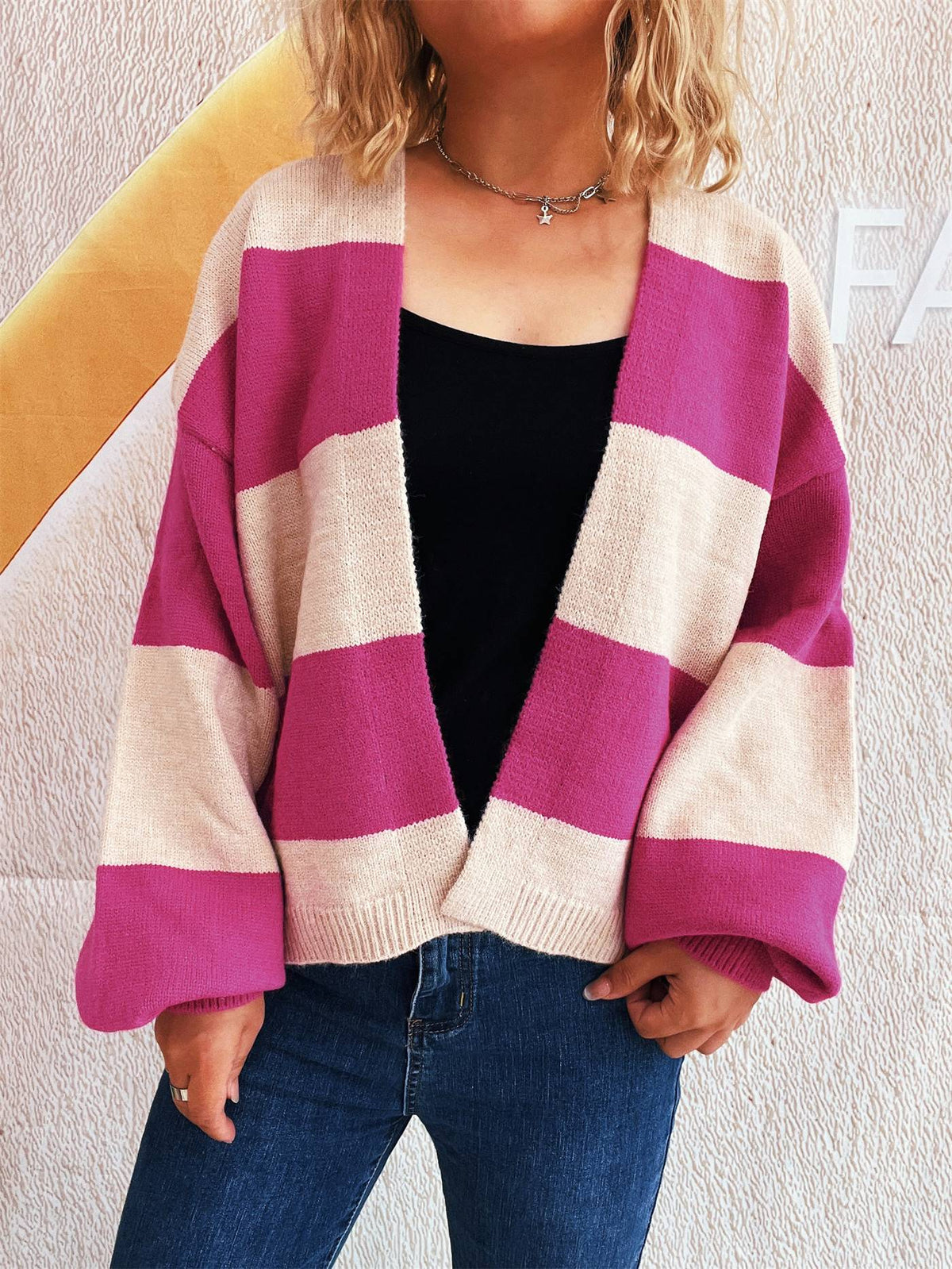 Bold Stripe Colorblock Open Front Cardigan - Fuchsia - 2