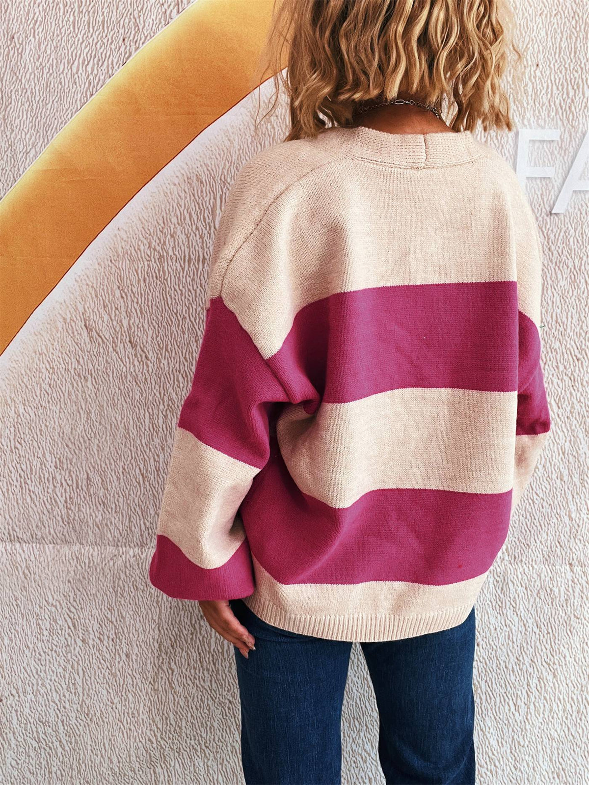 Bold Stripe Colorblock Open Front Cardigan - Fuchsia - 3