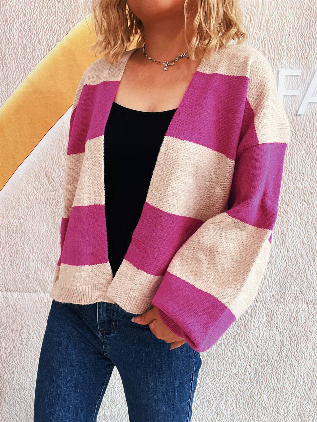 Bold Stripe Colorblock Open Front Cardigan - Fuchsia - 4