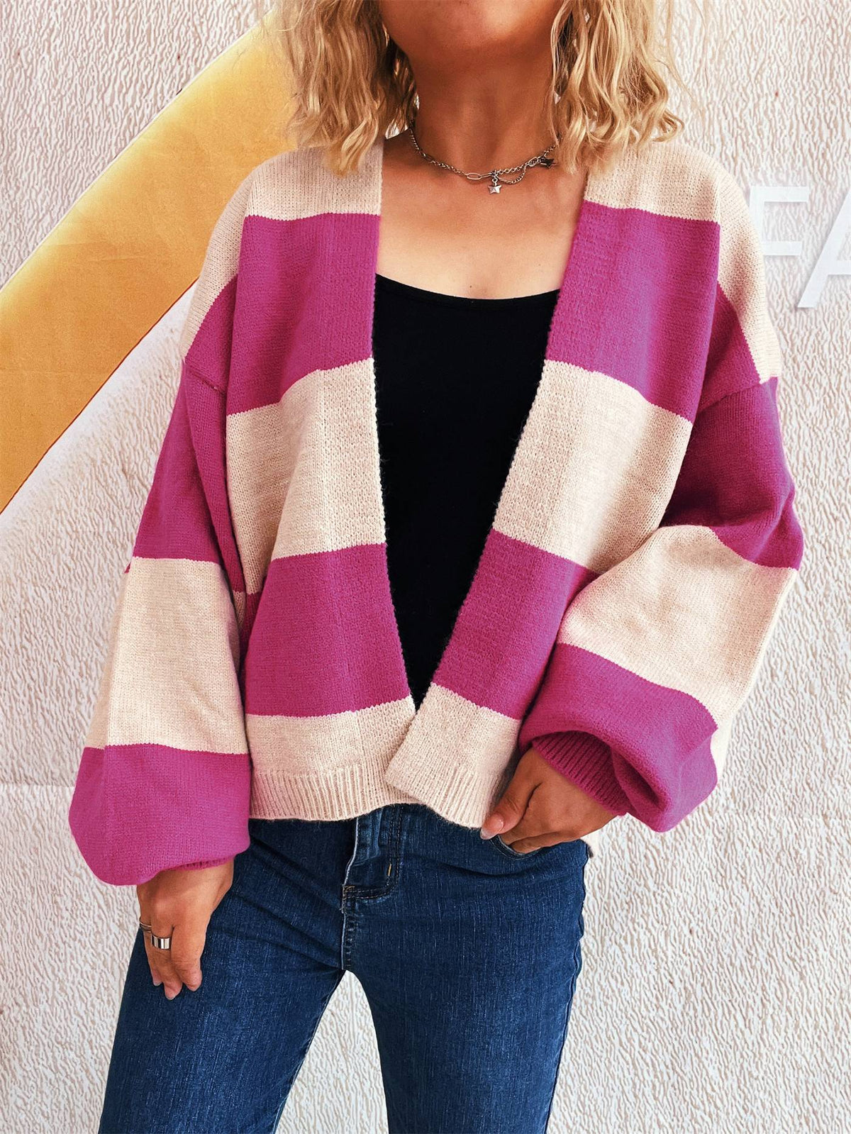 Bold Stripe Colorblock Open Front Cardigan - Fuchsia - 5