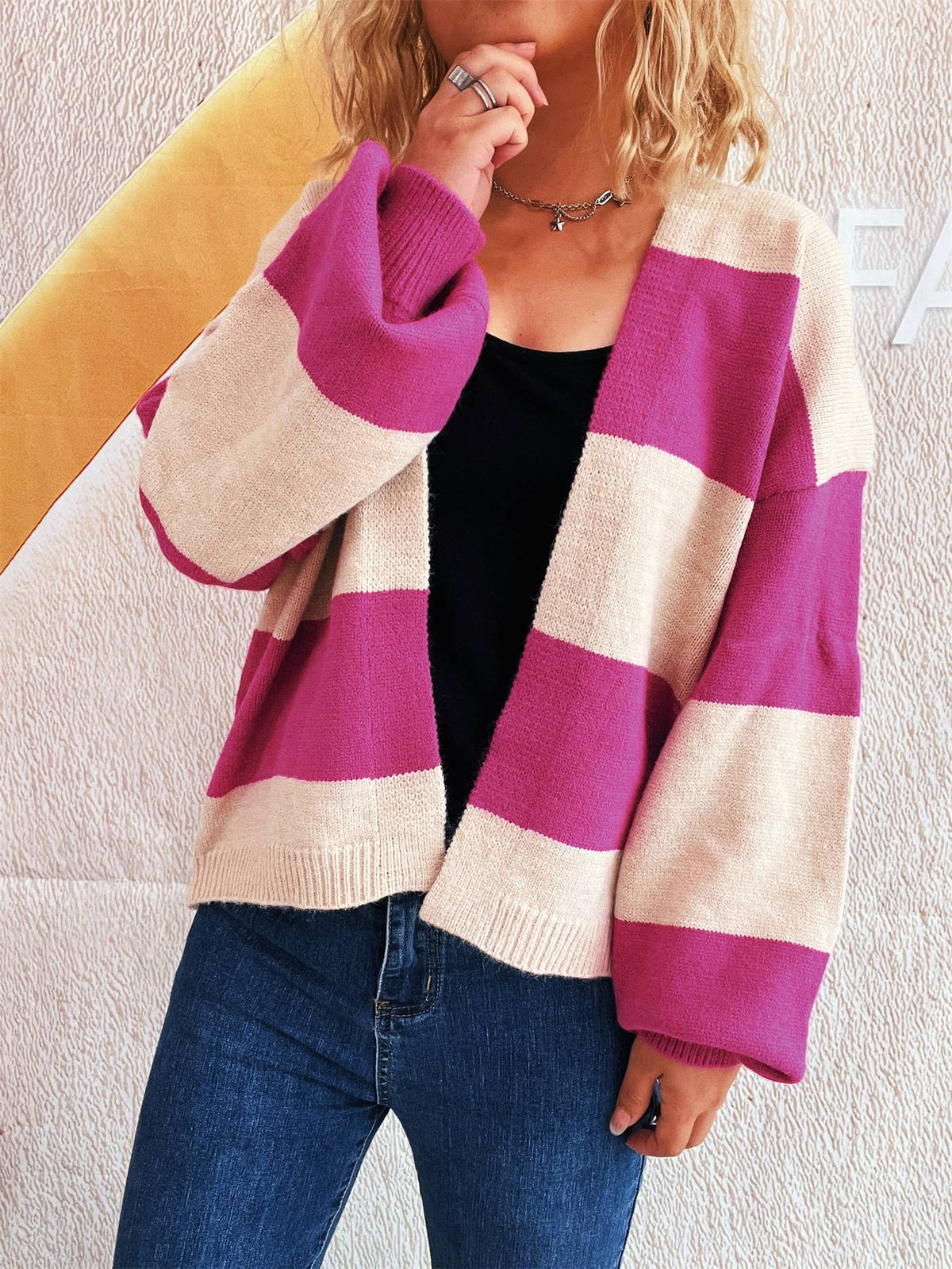 Bold Stripe Colorblock Open Front Cardigan - Fuchsia - 6