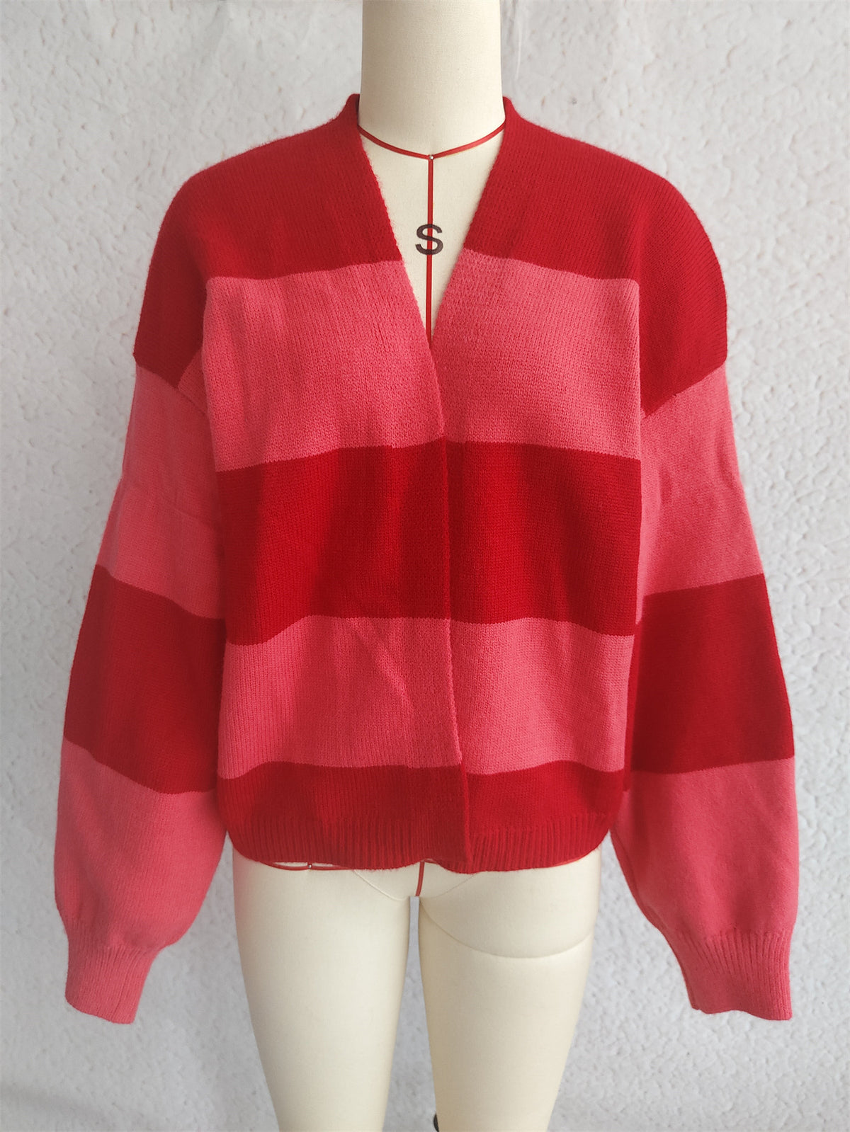 Bold Stripe Colorblock Open Front Cardigan - Red - 1