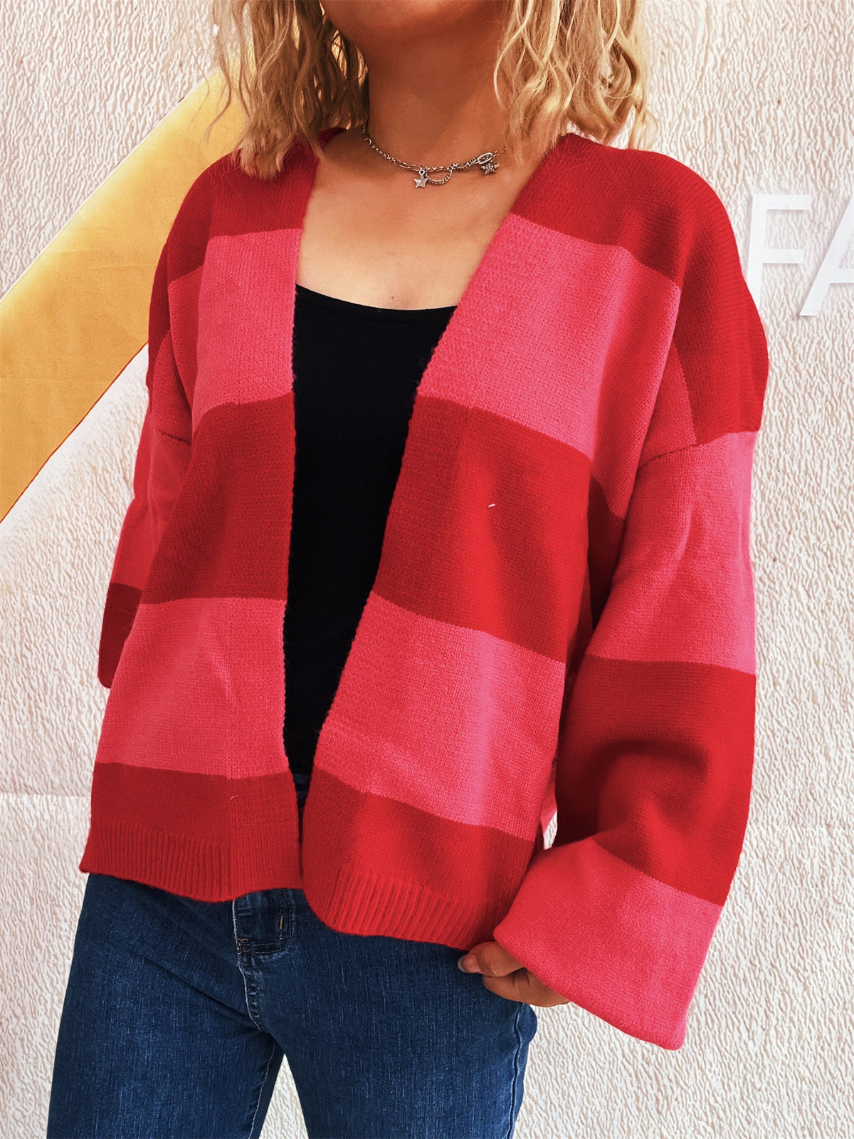 Bold Stripe Colorblock Open Front Cardigan - Red - 10