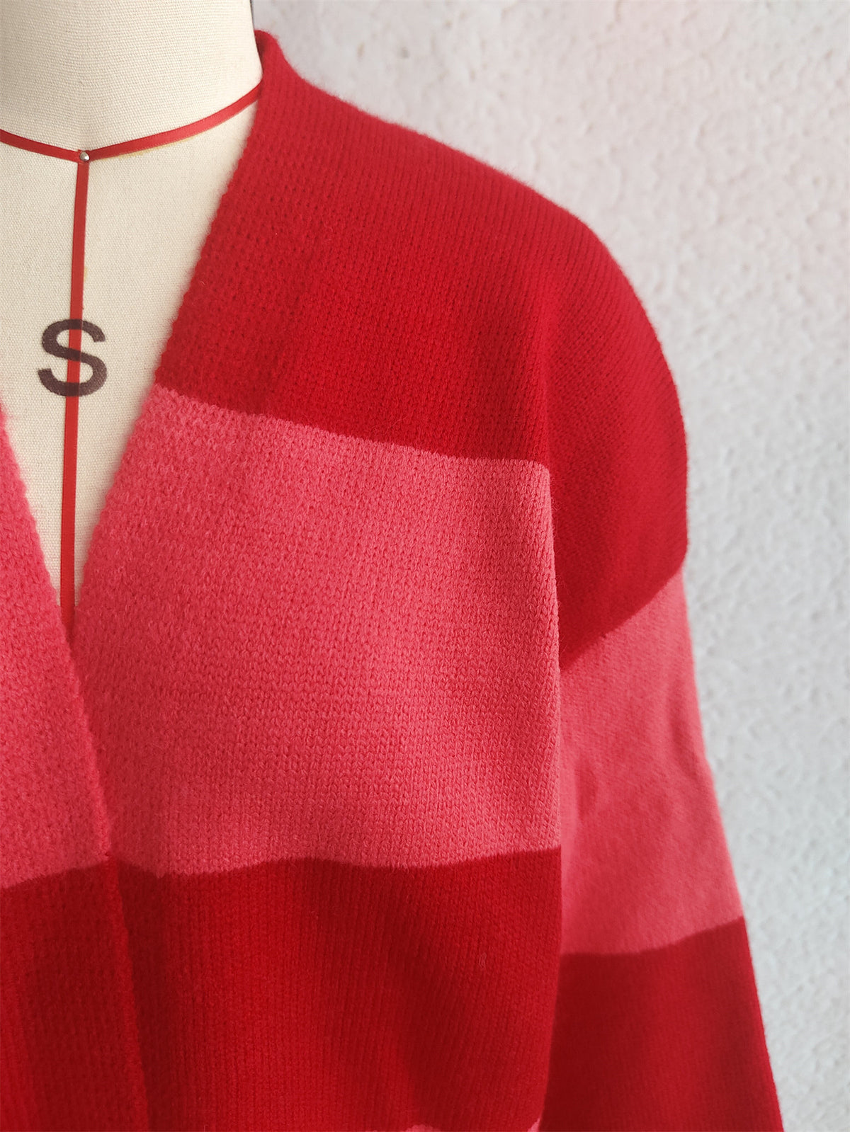 Bold Stripe Colorblock Open Front Cardigan - Red - 3
