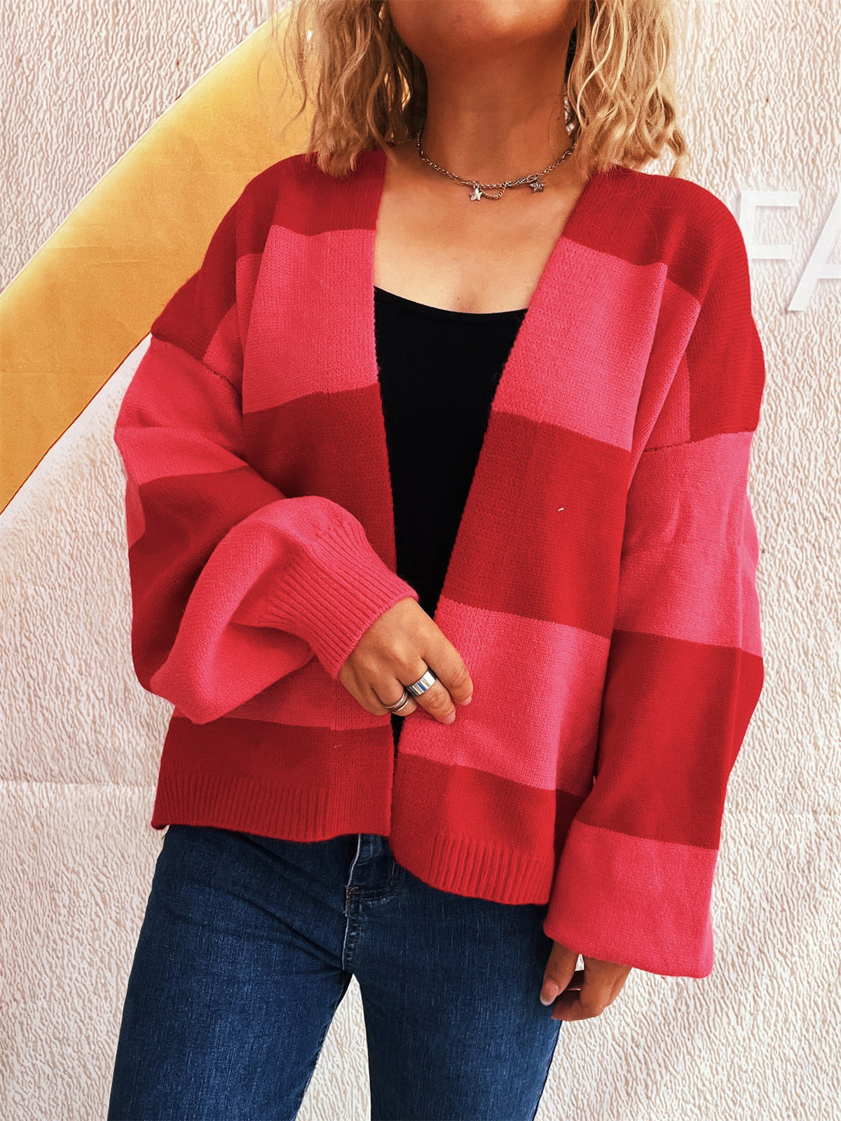 Bold Stripe Colorblock Open Front Cardigan - Red - 7