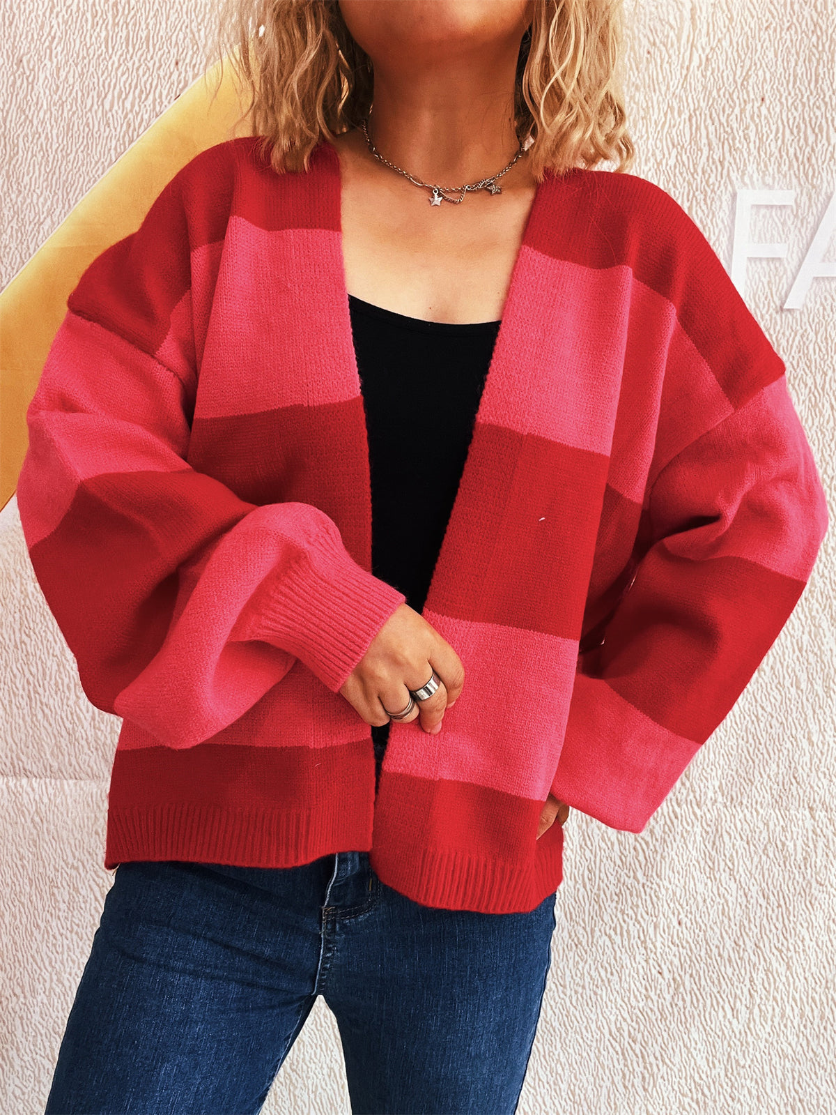 Bold Stripe Colorblock Open Front Cardigan - Red - 8