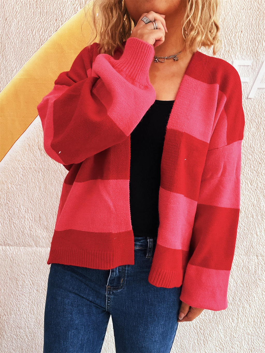 Bold Stripe Colorblock Open Front Cardigan - Red - 9