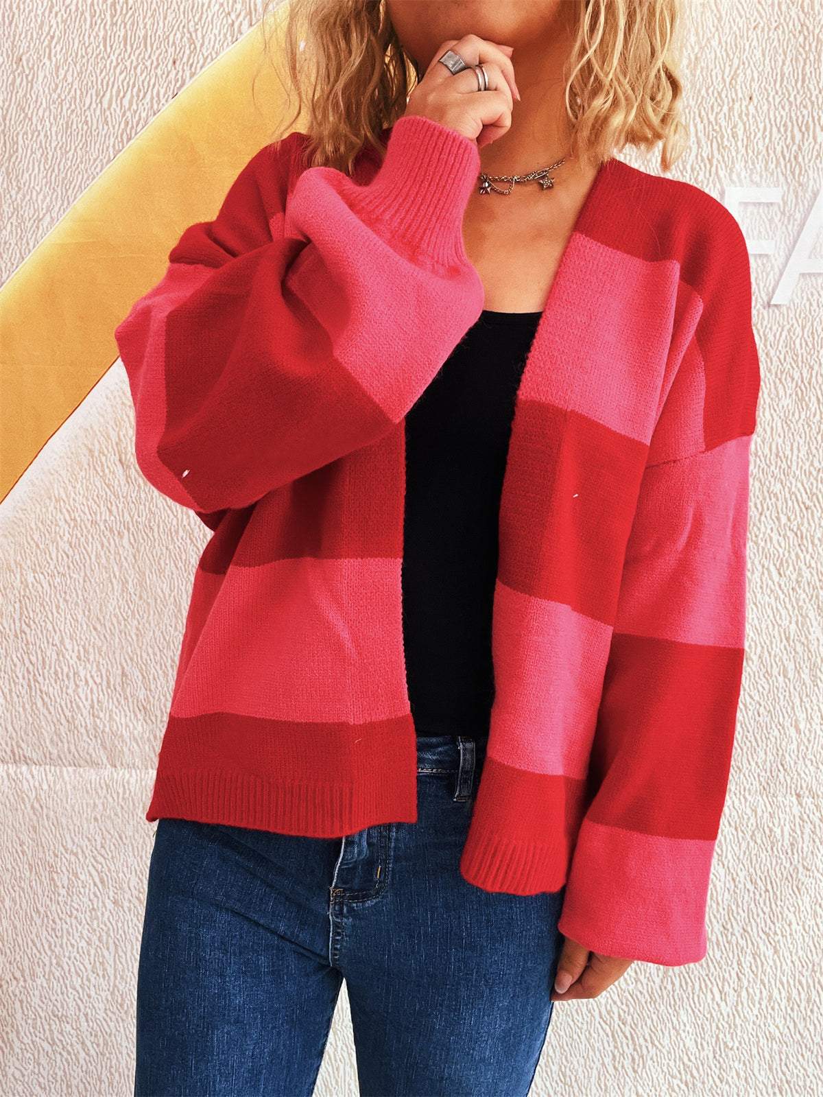 Bold Stripe Colorblock Open Front Cardigan - Red - 9
