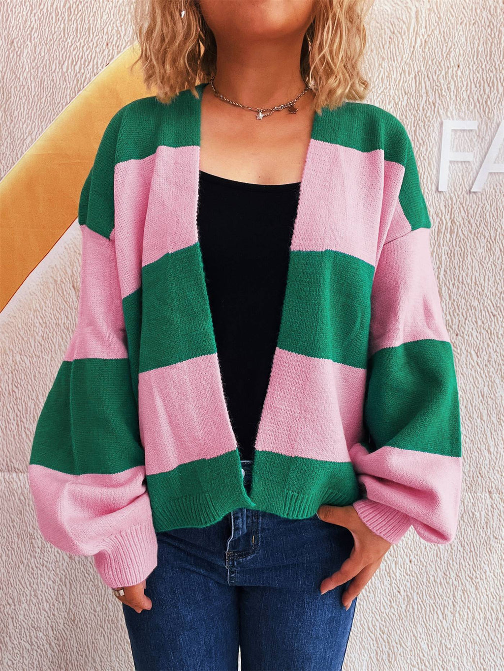 Bold Stripe Colorblock Open Front Cardigan - green - 2