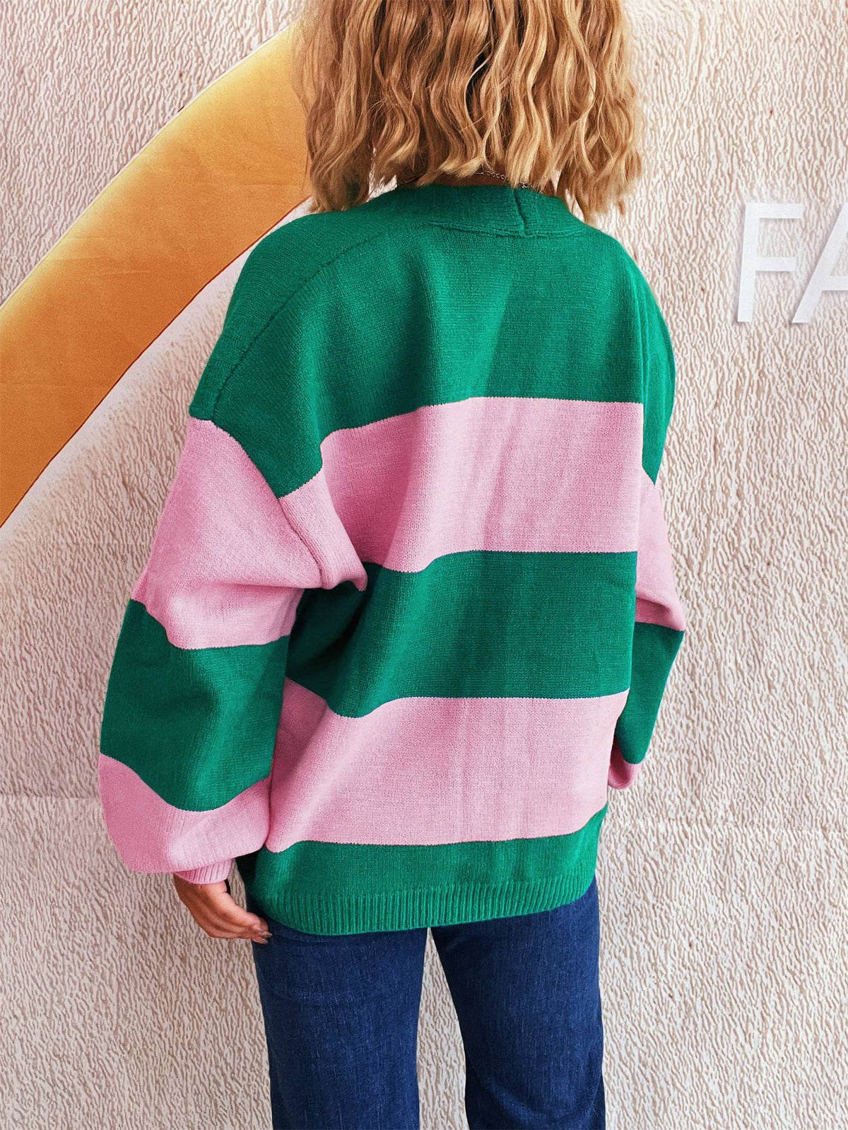 Bold Stripe Colorblock Open Front Cardigan - green - 3