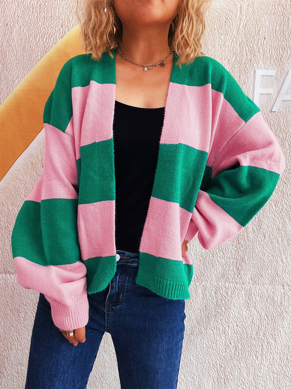 Bold Stripe Colorblock Open Front Cardigan - green - 4
