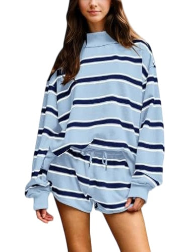 Striped Long Sleeve Top and Drawstring Shorts Set - Blue
