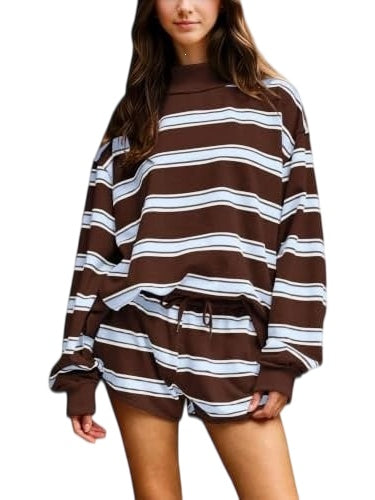 Striped Long Sleeve Top and Drawstring Shorts Set - Blue_Brown