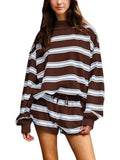 Striped Long Sleeve Top and Drawstring Shorts Set - Blue_Brown