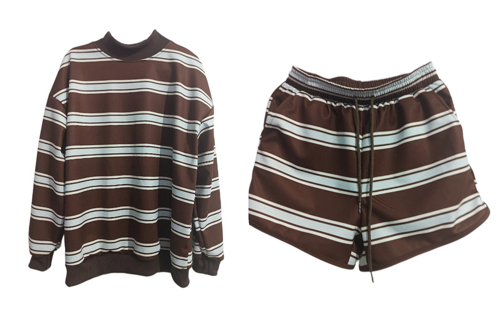 Striped Long Sleeve Top and Drawstring Shorts Set - Blue_Brown - 1