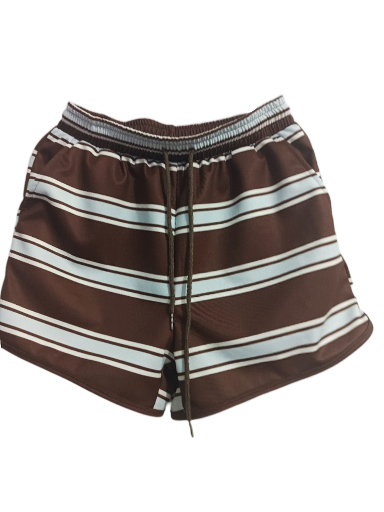 Striped Long Sleeve Top and Drawstring Shorts Set - Blue_Brown - 2