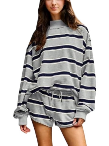 Striped Long Sleeve Top and Drawstring Shorts Set - Grey