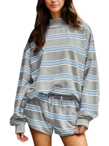 Striped Long Sleeve Top and Drawstring Shorts Set - Grey_Blue