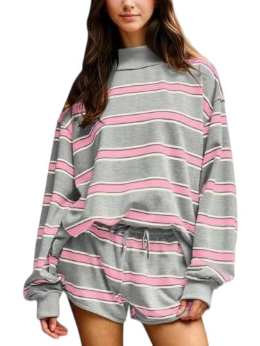 Striped Long Sleeve Top and Drawstring Shorts Set - Grey_Pink